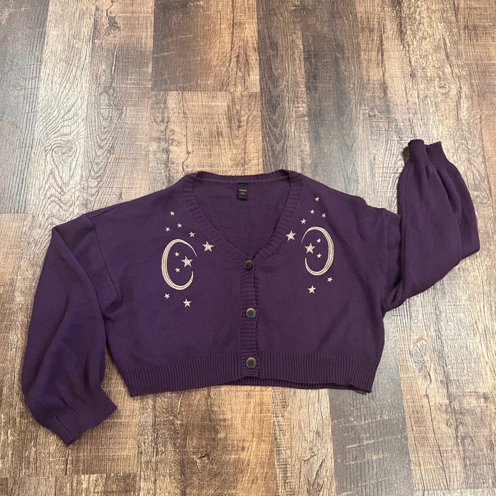 Romwe Hippie Moon & Star Pattern Drop Shoulder Cardigan Embroidered Cropped 2XL - Picture 2 of 9